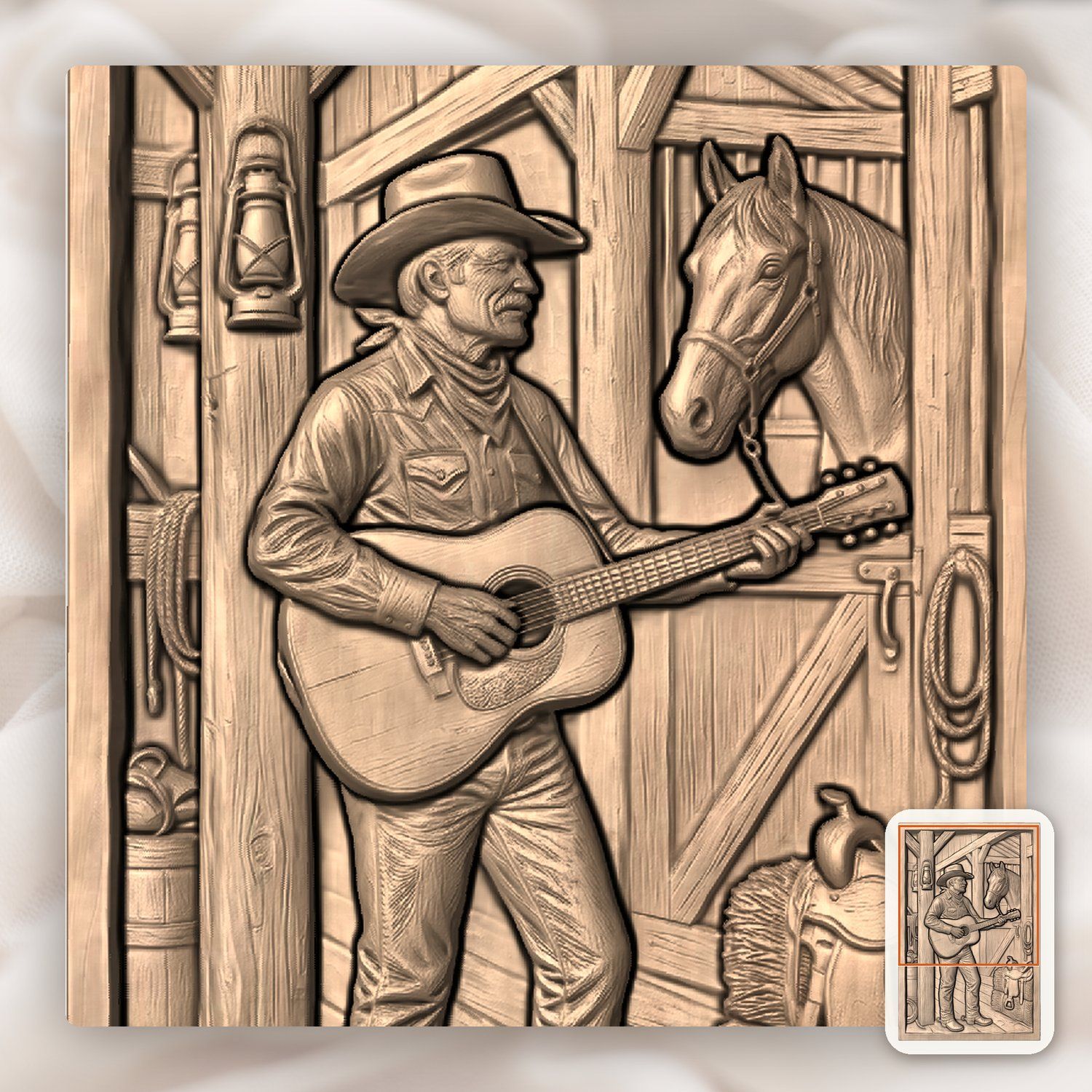 Cowboy Playing Guitar in Barn CNC Relief STL bas-relief STL — view 6