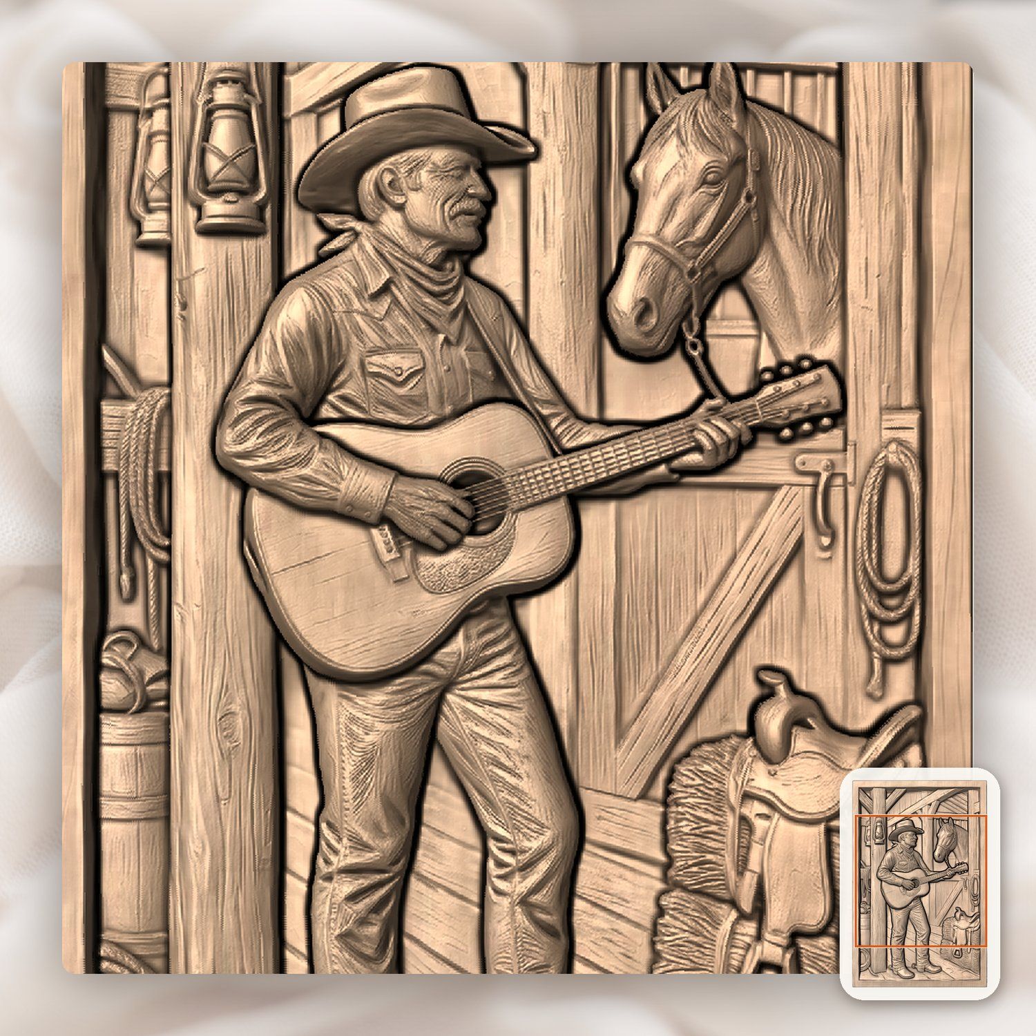 Cowboy Playing Guitar in Barn CNC Relief STL bas-relief STL — view 7
