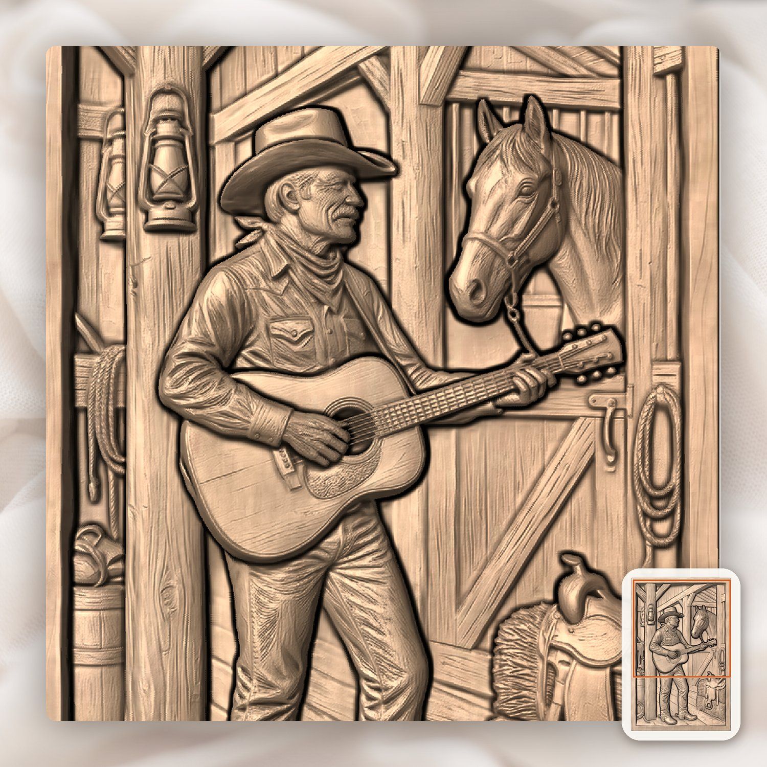 Cowboy Playing Guitar in Barn CNC Relief STL bas-relief STL — view 8