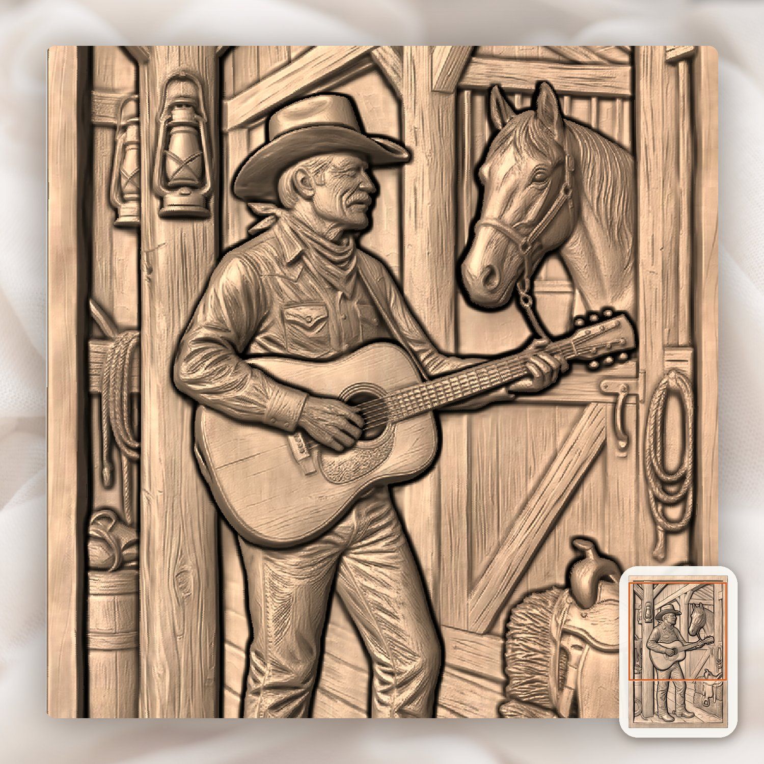 Cowboy Playing Guitar in Barn CNC Relief STL bas-relief STL — view 9