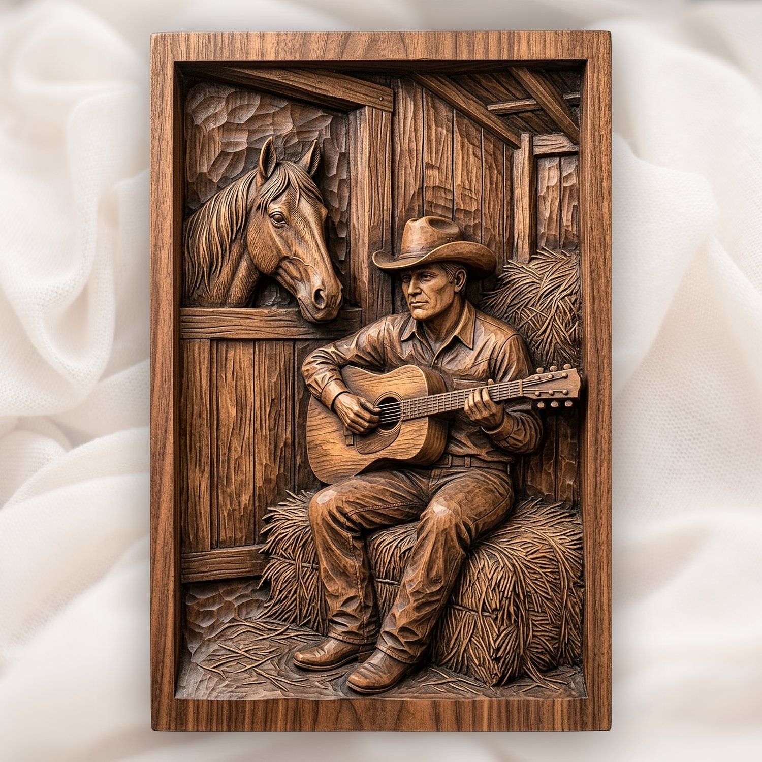 Cowboy Playing Guitar in Barn Scene CNC Relief STL bas-relief STL design