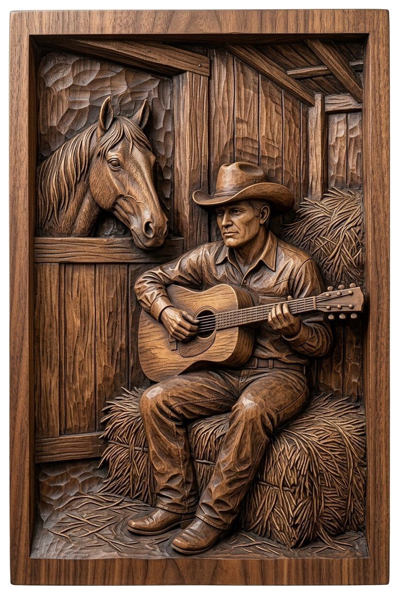 Cowboy Playing Guitar in Barn Scene CNC Relief STL bas-relief STL — view 12