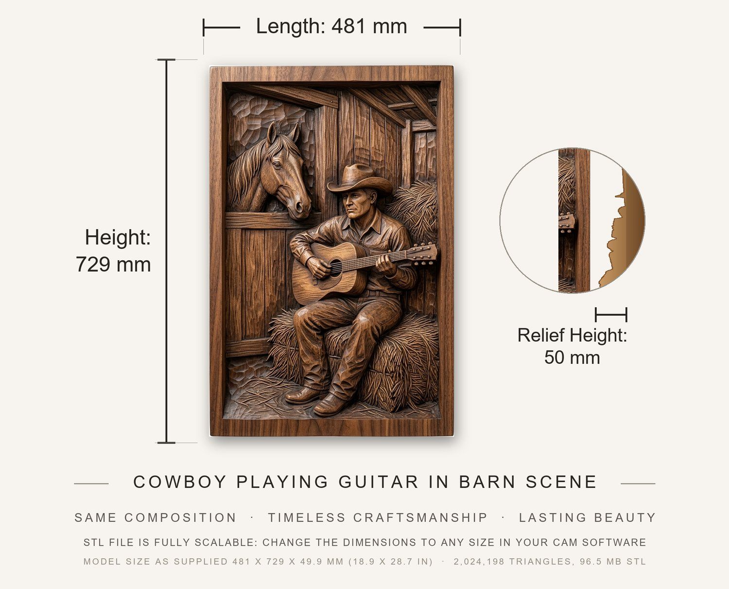 Cowboy Playing Guitar in Barn Scene CNC Relief STL bas-relief STL — view 3
