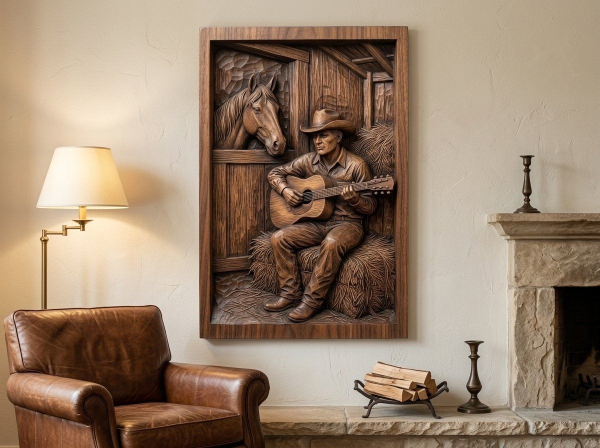 Cowboy Playing Guitar in Barn Scene CNC Relief STL bas-relief STL — view 13