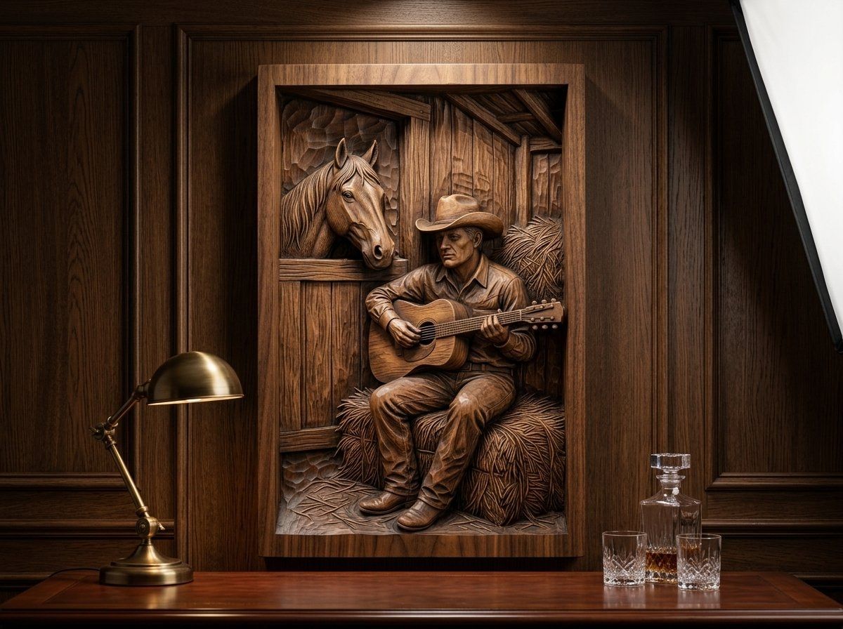 Cowboy Playing Guitar in Barn Scene CNC Relief STL bas-relief STL — view 14