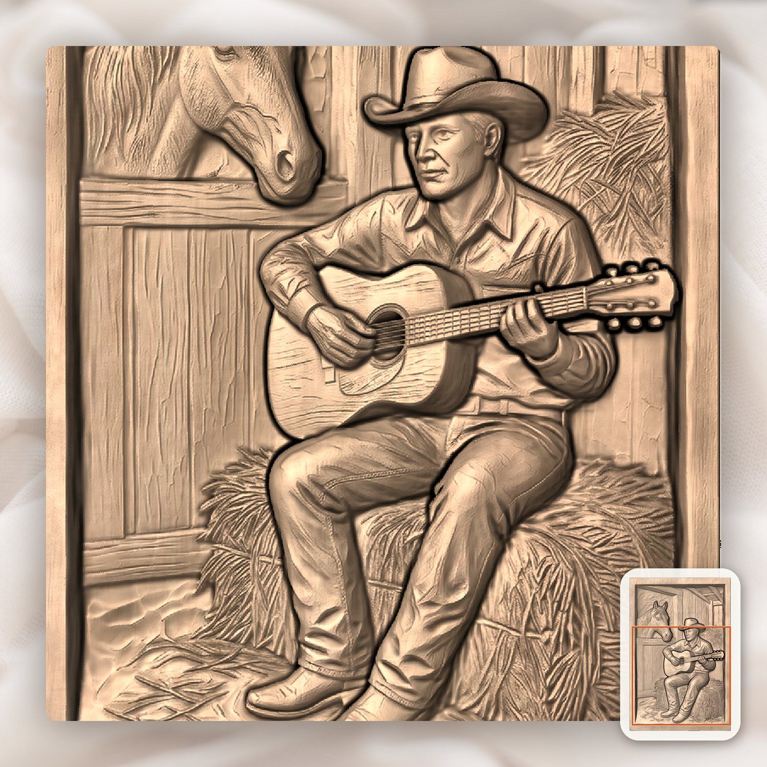 Cowboy Playing Guitar in Barn Scene CNC Relief STL bas-relief STL — view 7