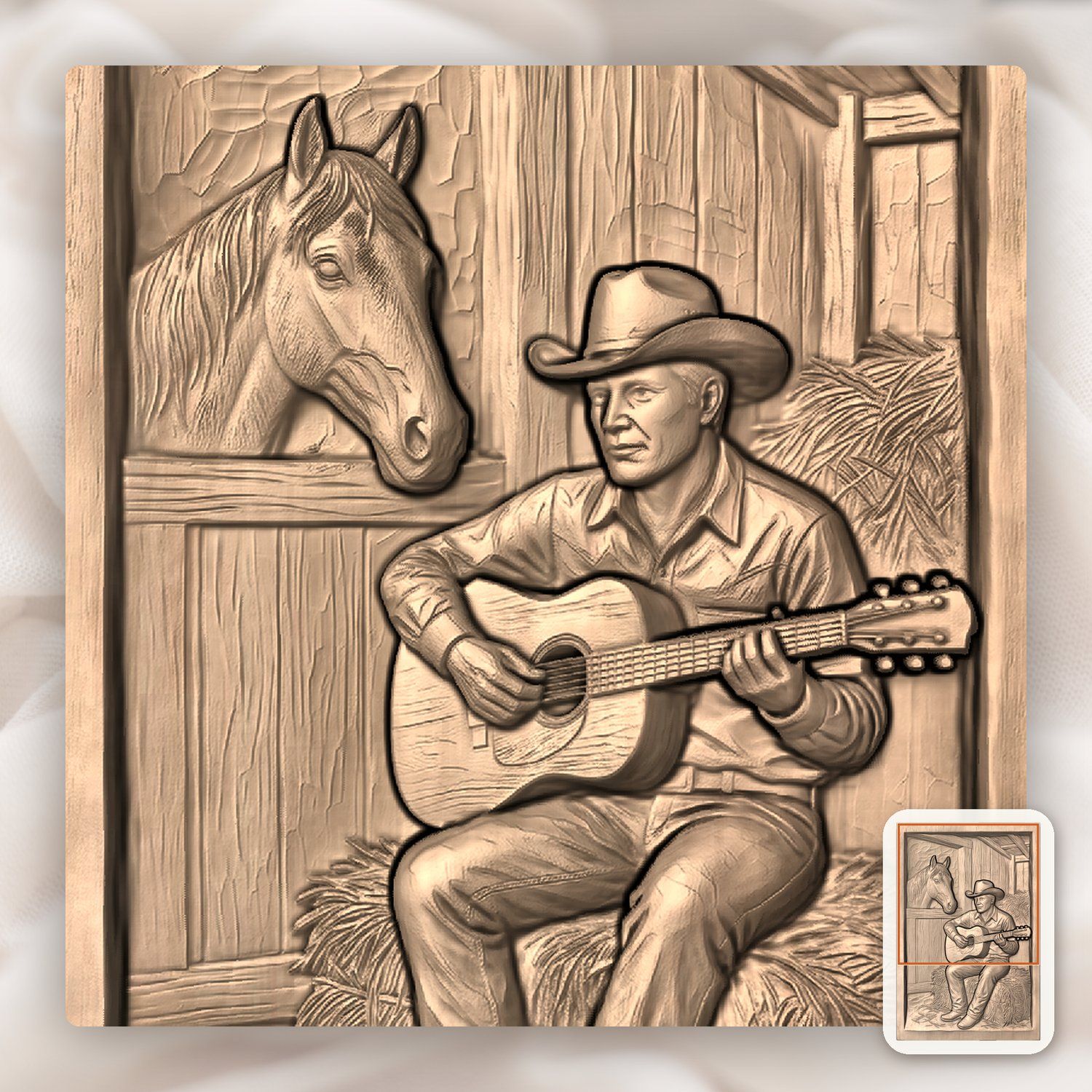 Cowboy Playing Guitar in Barn Scene CNC Relief STL bas-relief STL — view 8