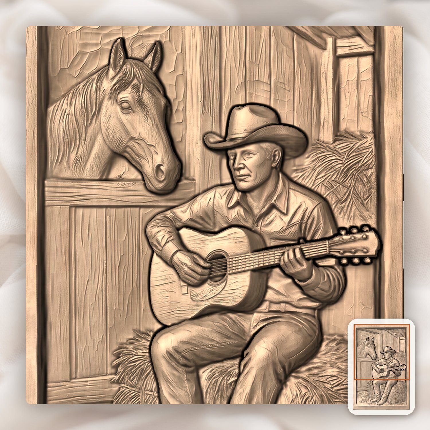 Cowboy Playing Guitar in Barn Scene CNC Relief STL bas-relief STL — view 9