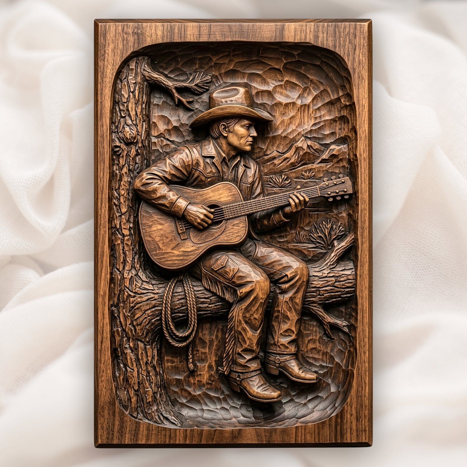 Cowboy Playing Guitar on Pine Tree CNC Relief STL bas-relief STL design