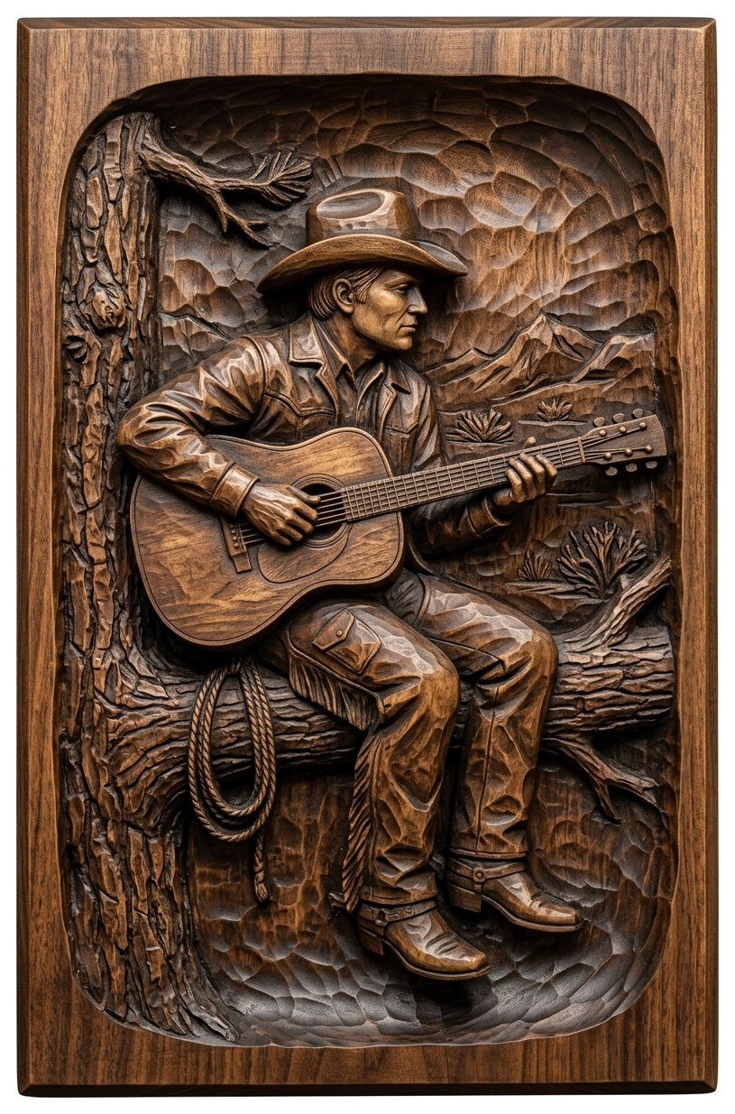 Cowboy Playing Guitar on Pine Tree CNC Relief STL bas-relief STL — view 12
