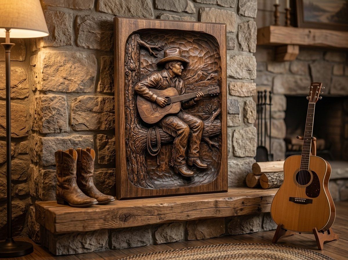 Cowboy Playing Guitar on Pine Tree CNC Relief STL bas-relief STL — view 13