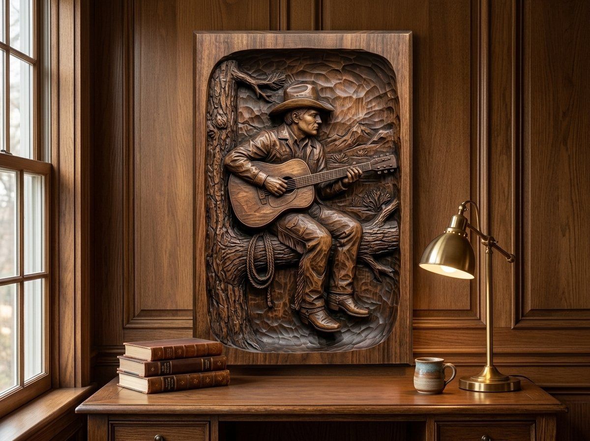 Cowboy Playing Guitar on Pine Tree CNC Relief STL bas-relief STL — view 14