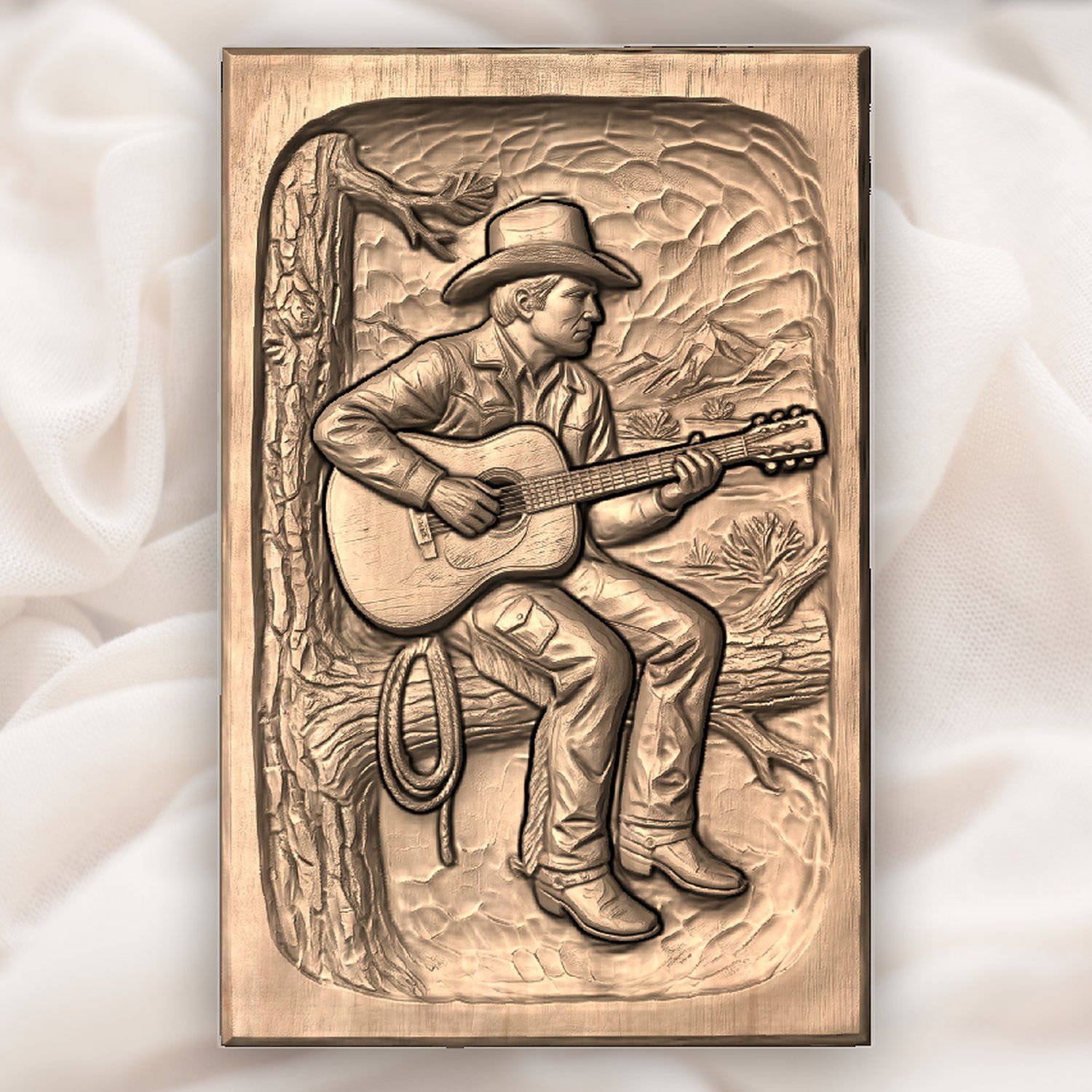 Cowboy Playing Guitar on Pine Tree CNC Relief STL bas-relief STL — view 4