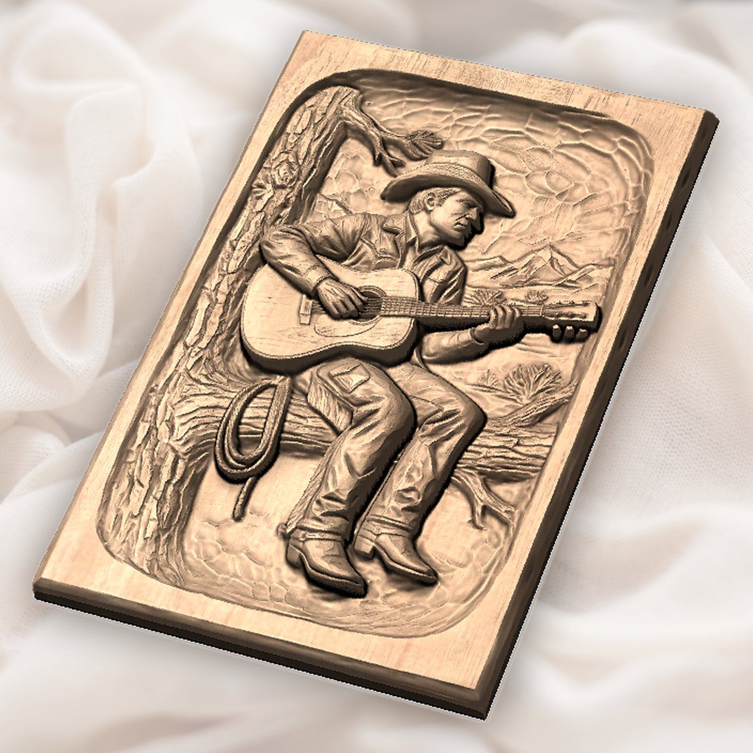 Cowboy Playing Guitar on Pine Tree CNC Relief STL bas-relief STL — view 5