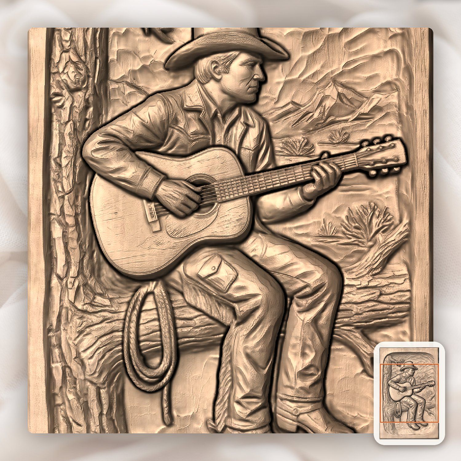 Cowboy Playing Guitar on Pine Tree CNC Relief STL bas-relief STL — view 6