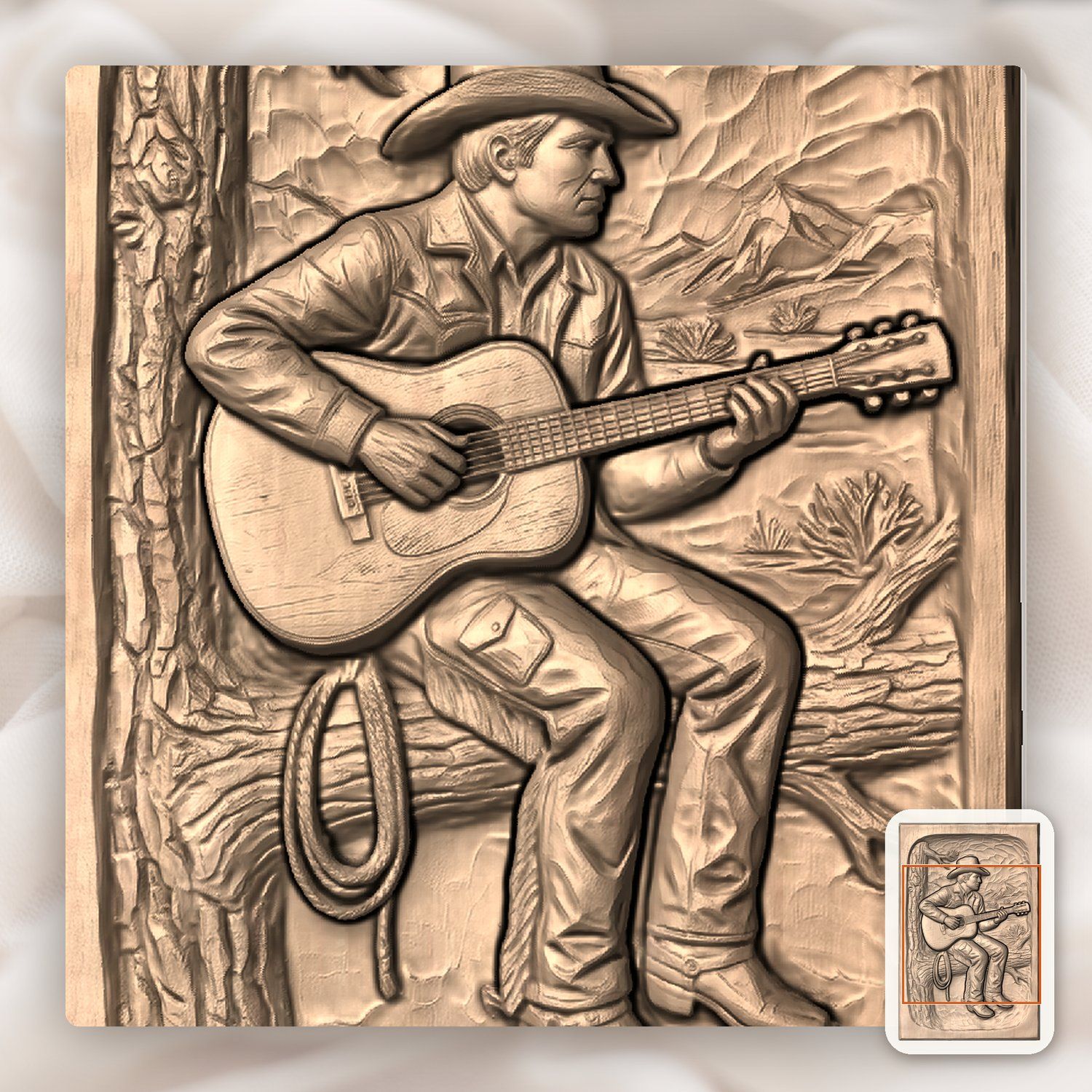 Cowboy Playing Guitar on Pine Tree CNC Relief STL bas-relief STL — view 7