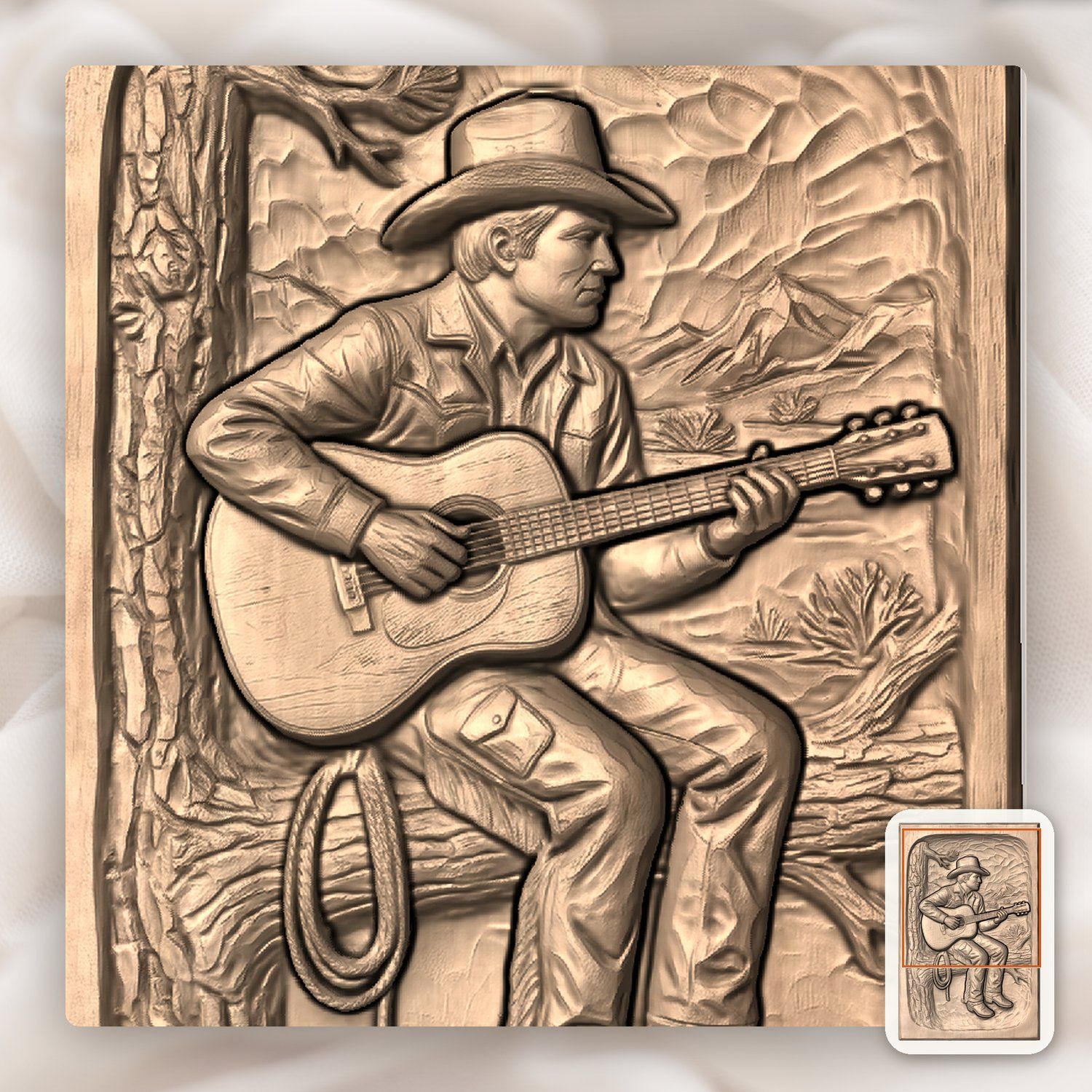 Cowboy Playing Guitar on Pine Tree CNC Relief STL bas-relief STL — view 8