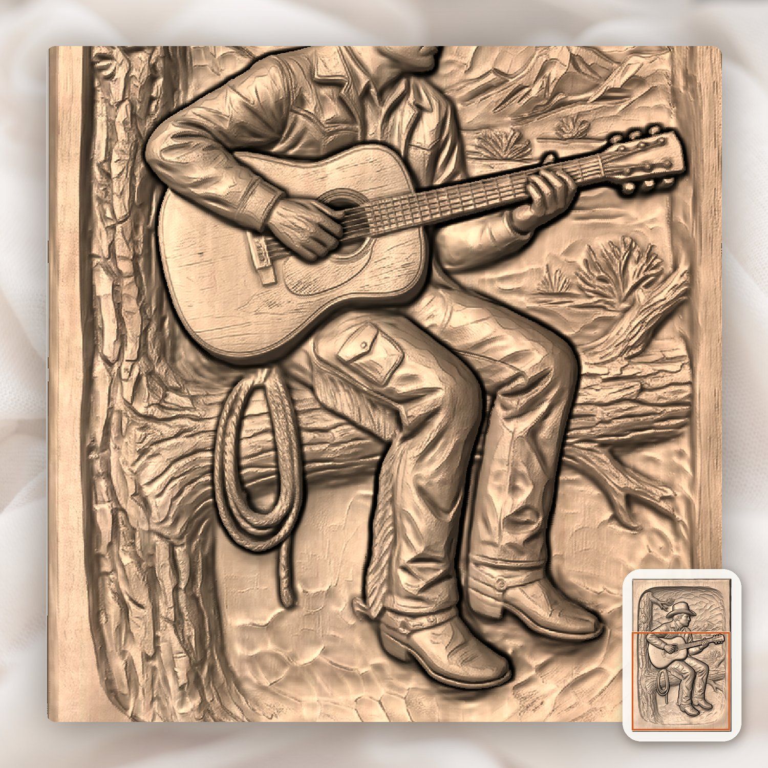 Cowboy Playing Guitar on Pine Tree CNC Relief STL bas-relief STL — view 9