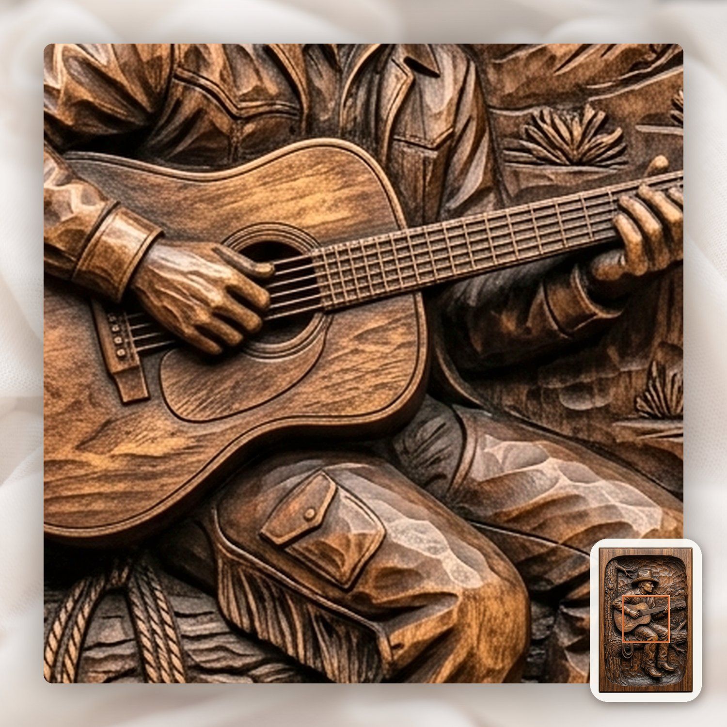 Cowboy Playing Guitar on Pine Tree CNC Relief STL bas-relief STL — view 10