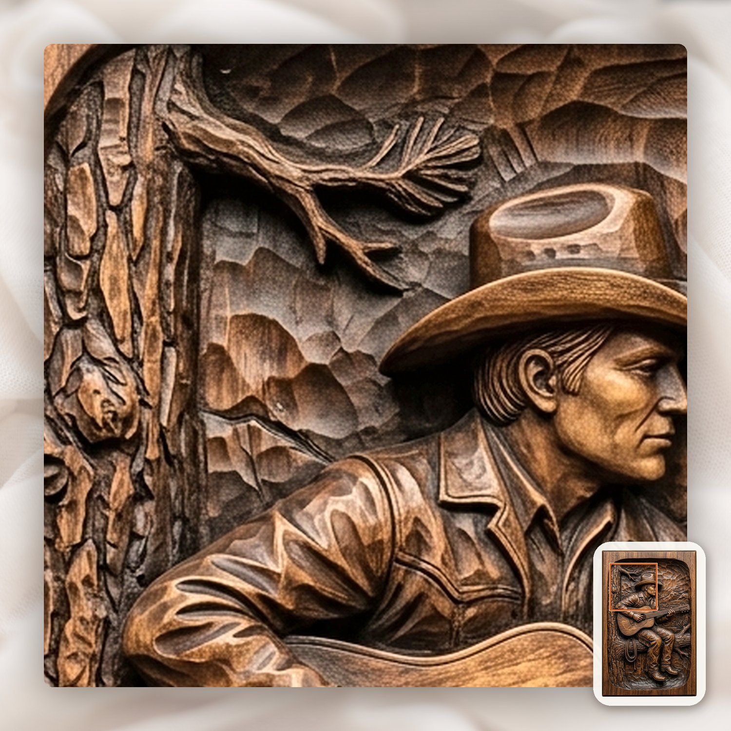 Cowboy Playing Guitar on Pine Tree CNC Relief STL bas-relief STL — view 11