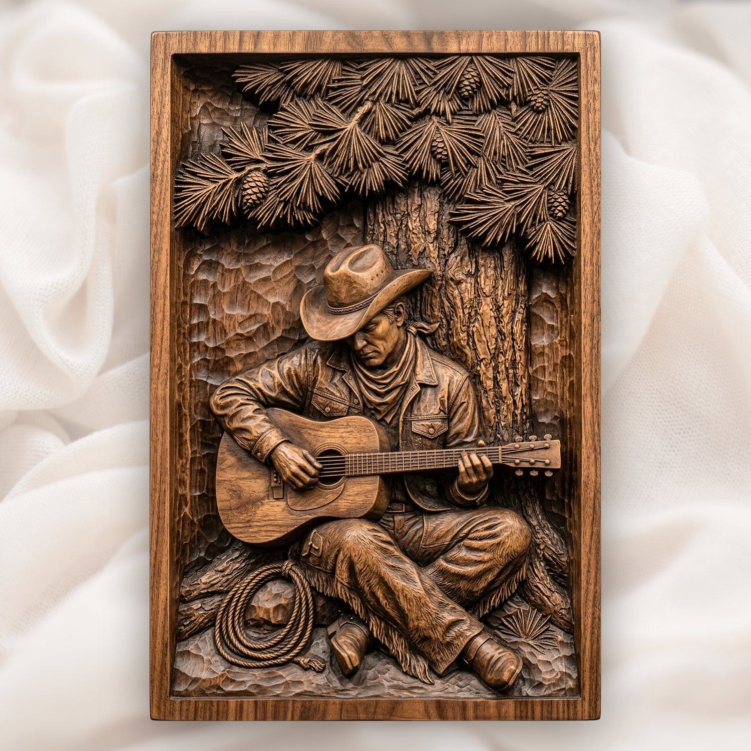 Cowboy Playing Guitar Under Pine Tree CNC Relief STL bas-relief STL design
