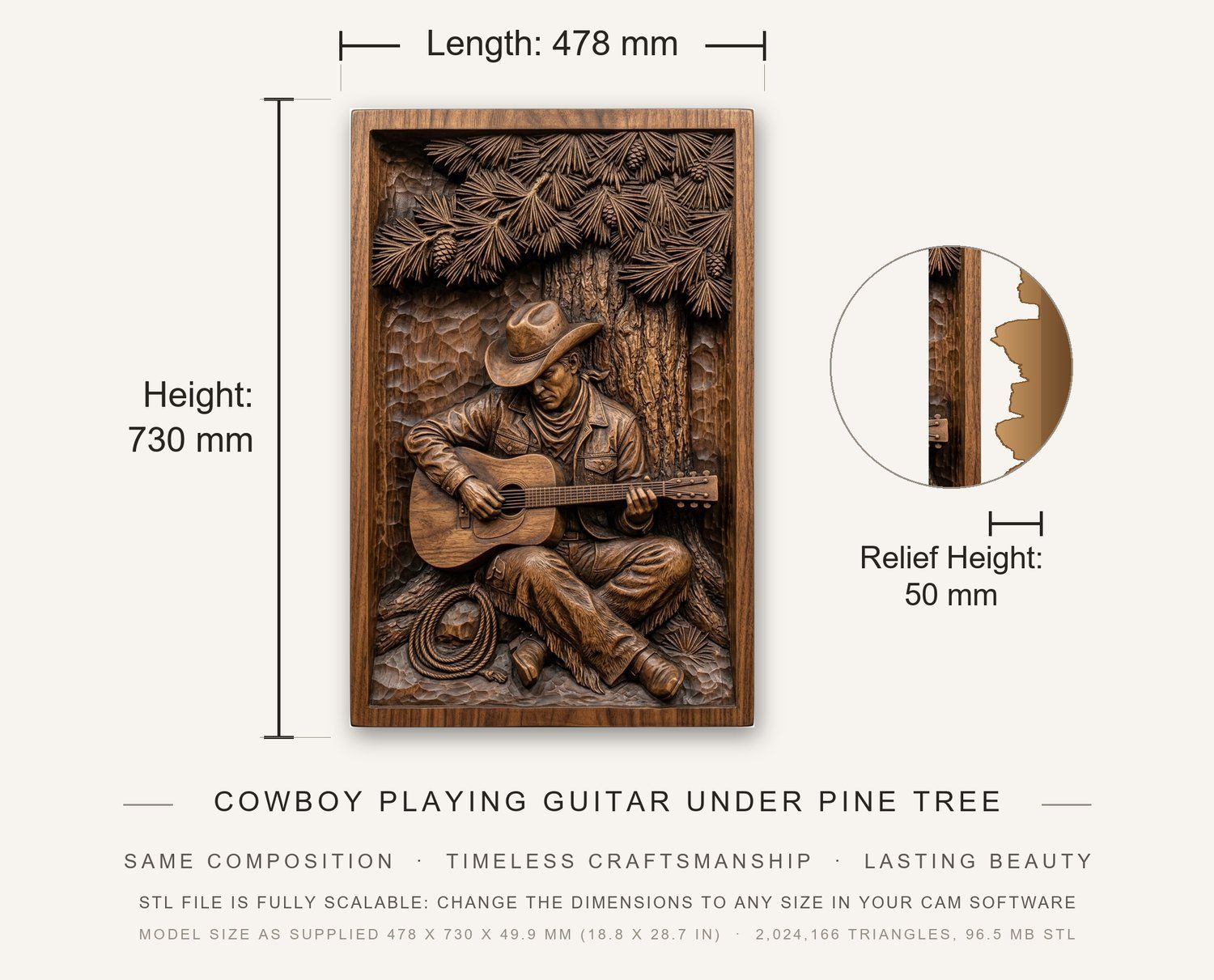 Cowboy Playing Guitar Under Pine Tree CNC Relief STL bas-relief STL — view 3