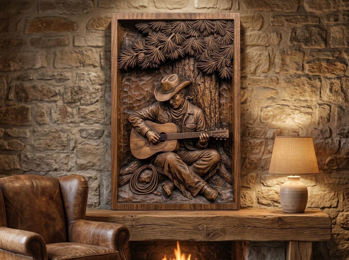 Cowboy Playing Guitar Under Pine Tree CNC Relief STL bas-relief STL — view 13