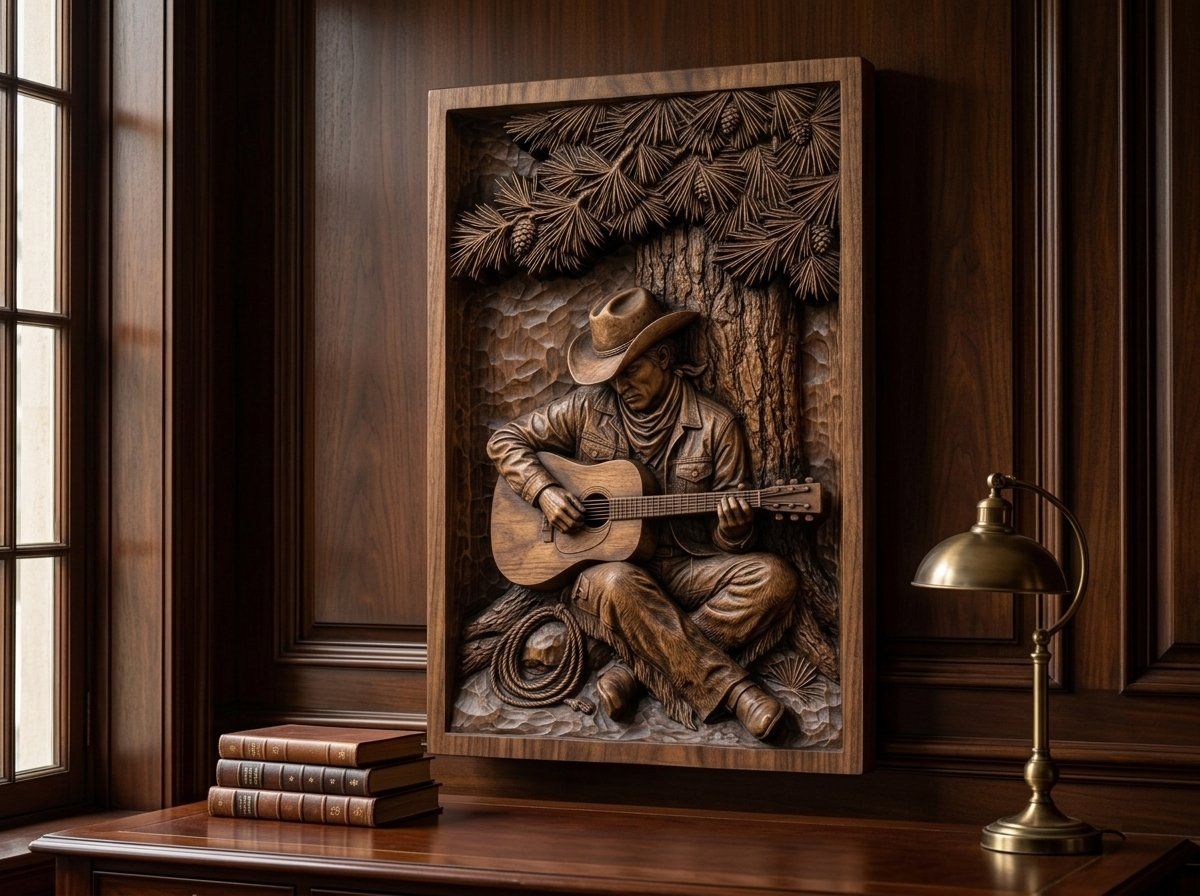 Cowboy Playing Guitar Under Pine Tree CNC Relief STL bas-relief STL — view 14