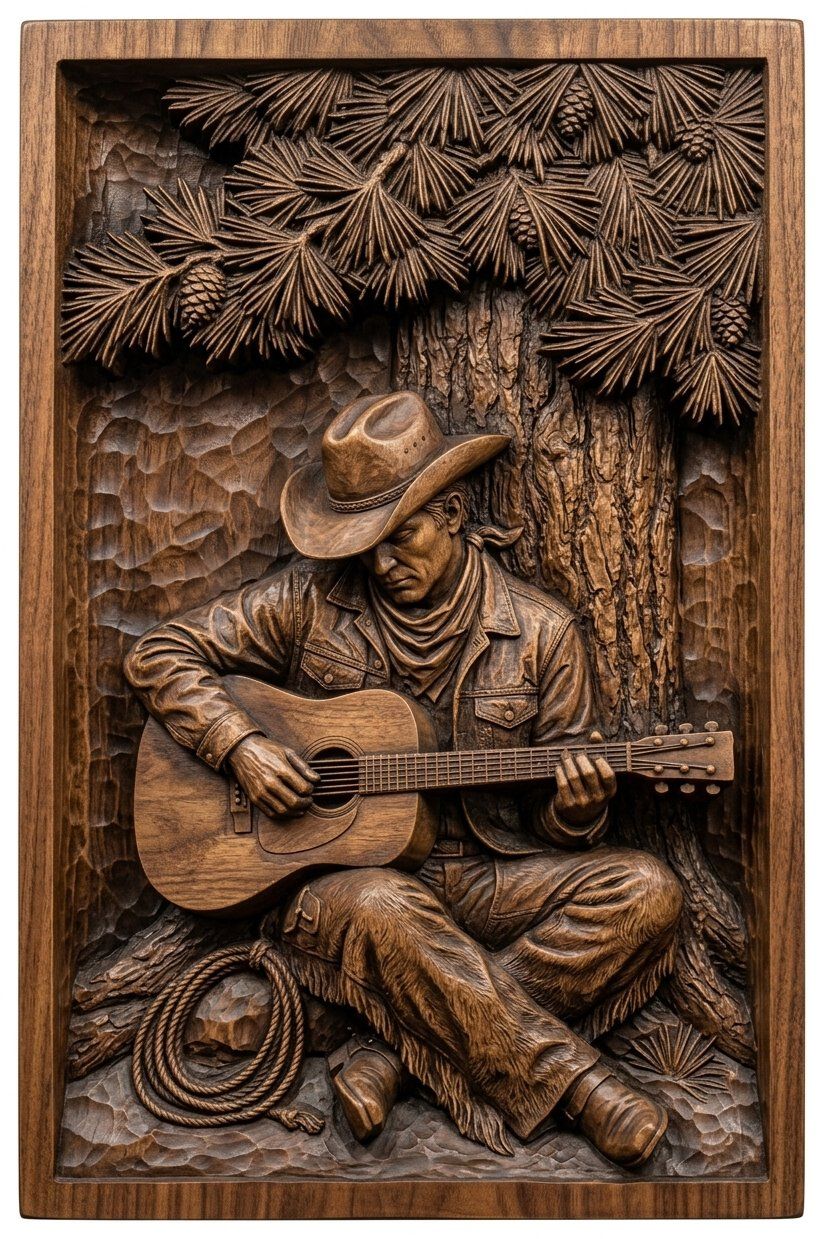Cowboy Playing Guitar Under Pine Tree CNC Relief STL bas-relief STL — view 4