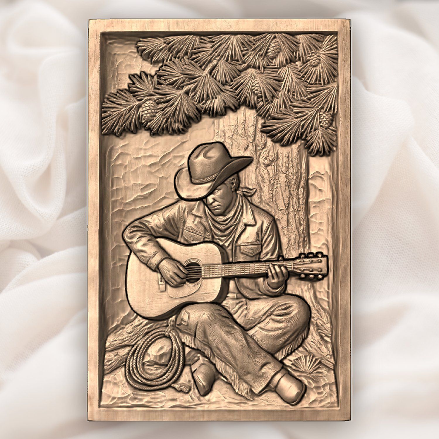 Cowboy Playing Guitar Under Pine Tree CNC Relief STL bas-relief STL — view 5