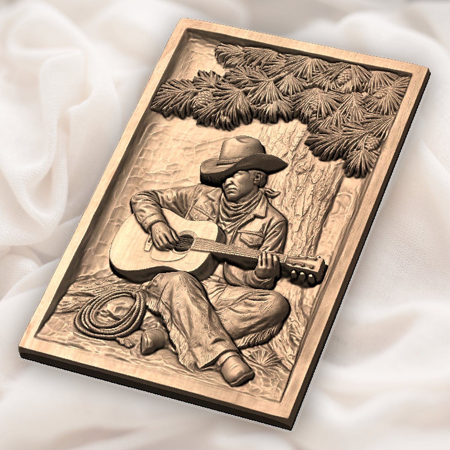 Cowboy Playing Guitar Under Pine Tree CNC Relief STL bas-relief STL — view 6