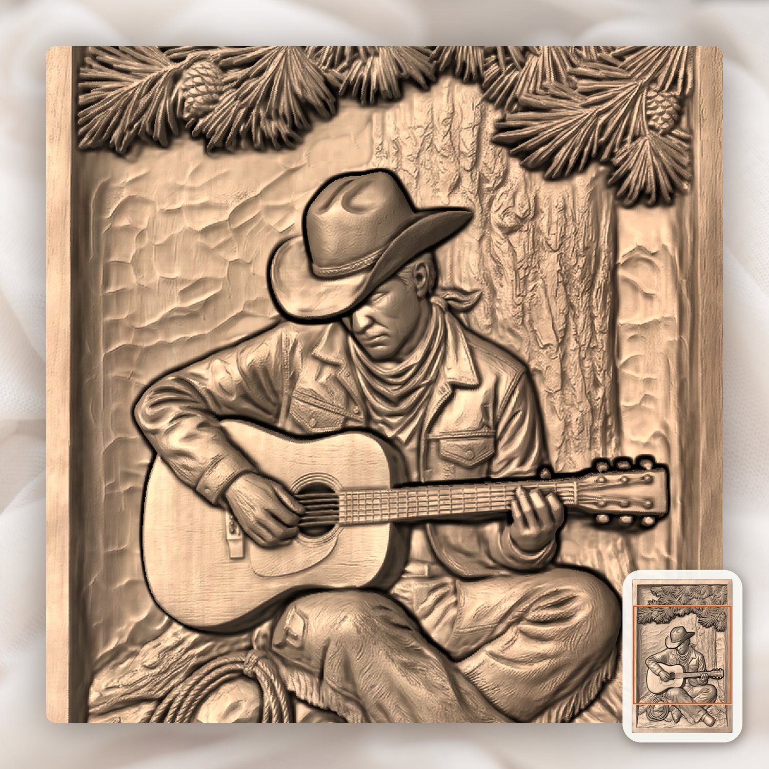 Cowboy Playing Guitar Under Pine Tree CNC Relief STL bas-relief STL — view 7
