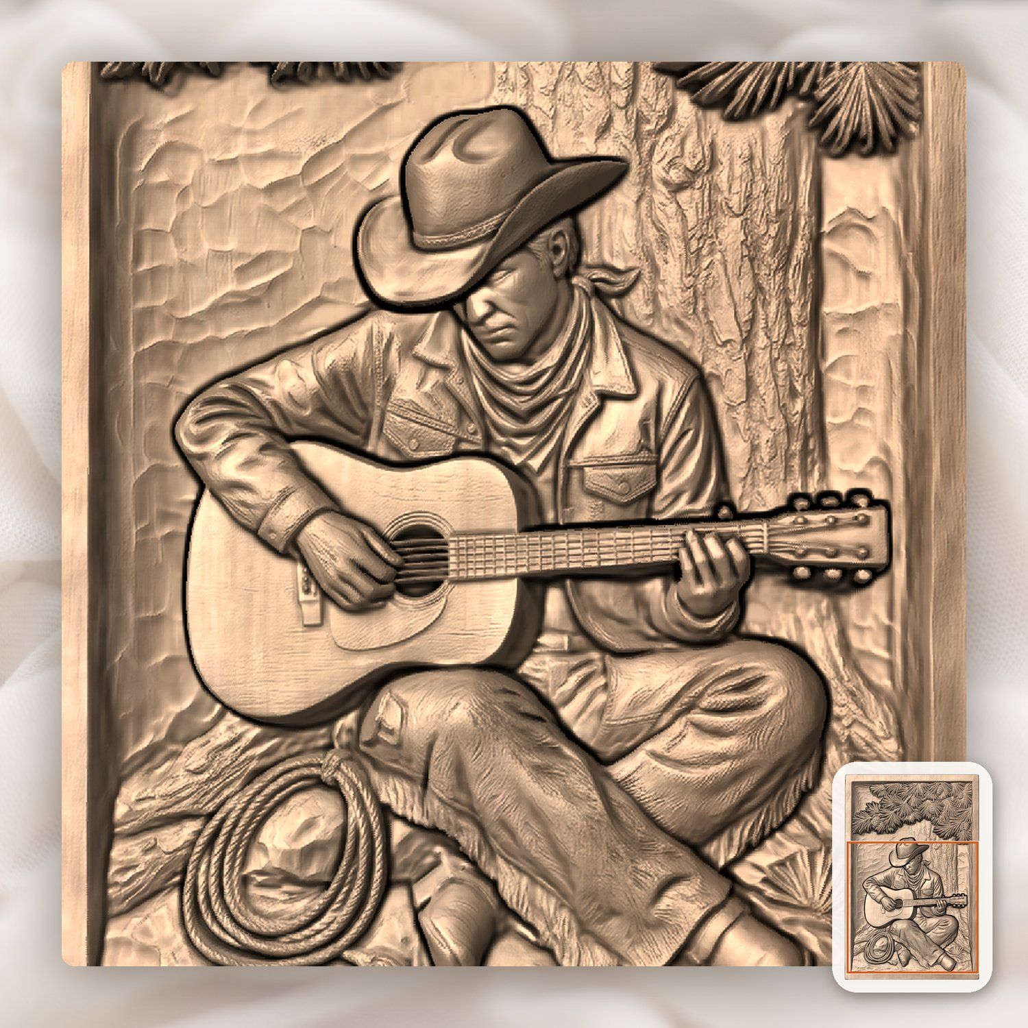 Cowboy Playing Guitar Under Pine Tree CNC Relief STL bas-relief STL — view 8