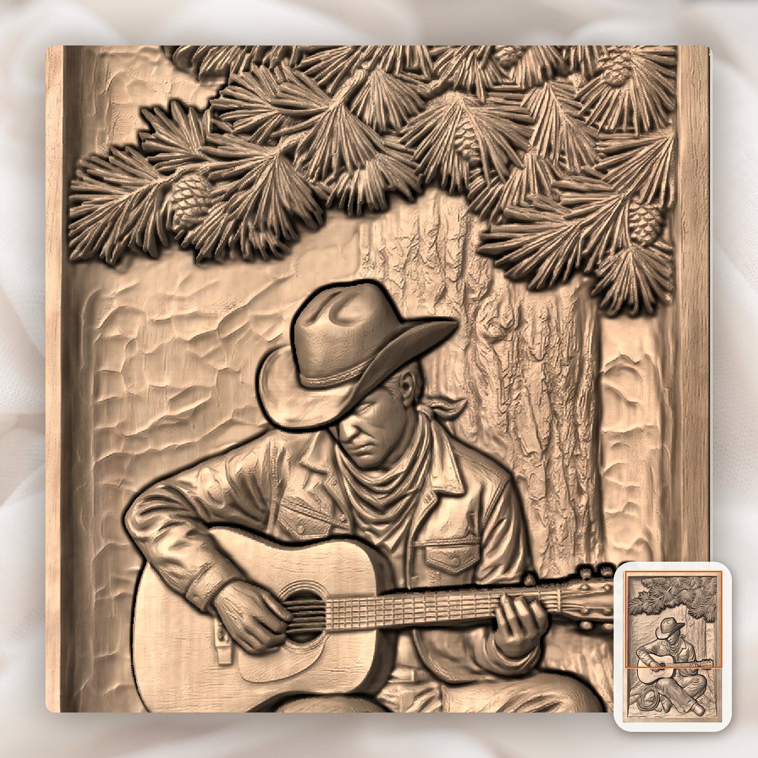 Cowboy Playing Guitar Under Pine Tree CNC Relief STL bas-relief STL — view 9