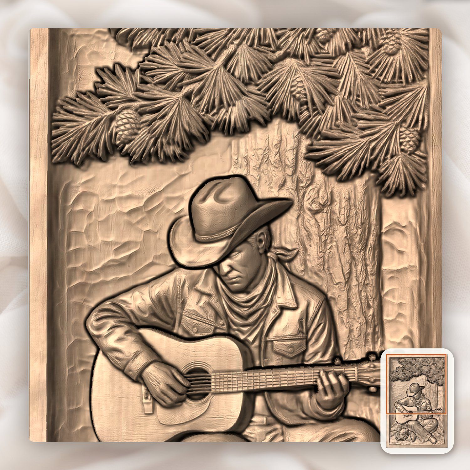 Cowboy Playing Guitar Under Pine Tree CNC Relief STL bas-relief STL — view 10