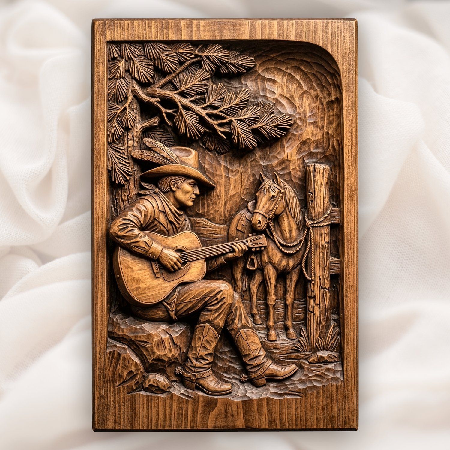 Cowboy Playing Guitar Under Pine Tree CNC Relief STL bas-relief STL design