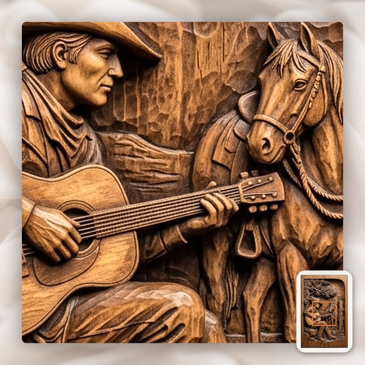 Cowboy Playing Guitar Under Pine Tree CNC Relief STL bas-relief STL — view 12