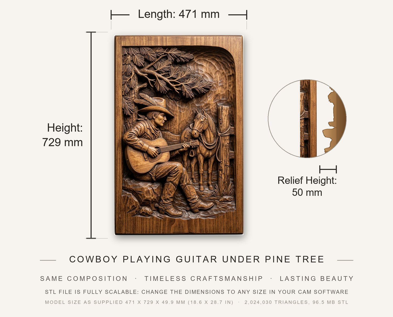 Cowboy Playing Guitar Under Pine Tree CNC Relief STL bas-relief STL — view 3