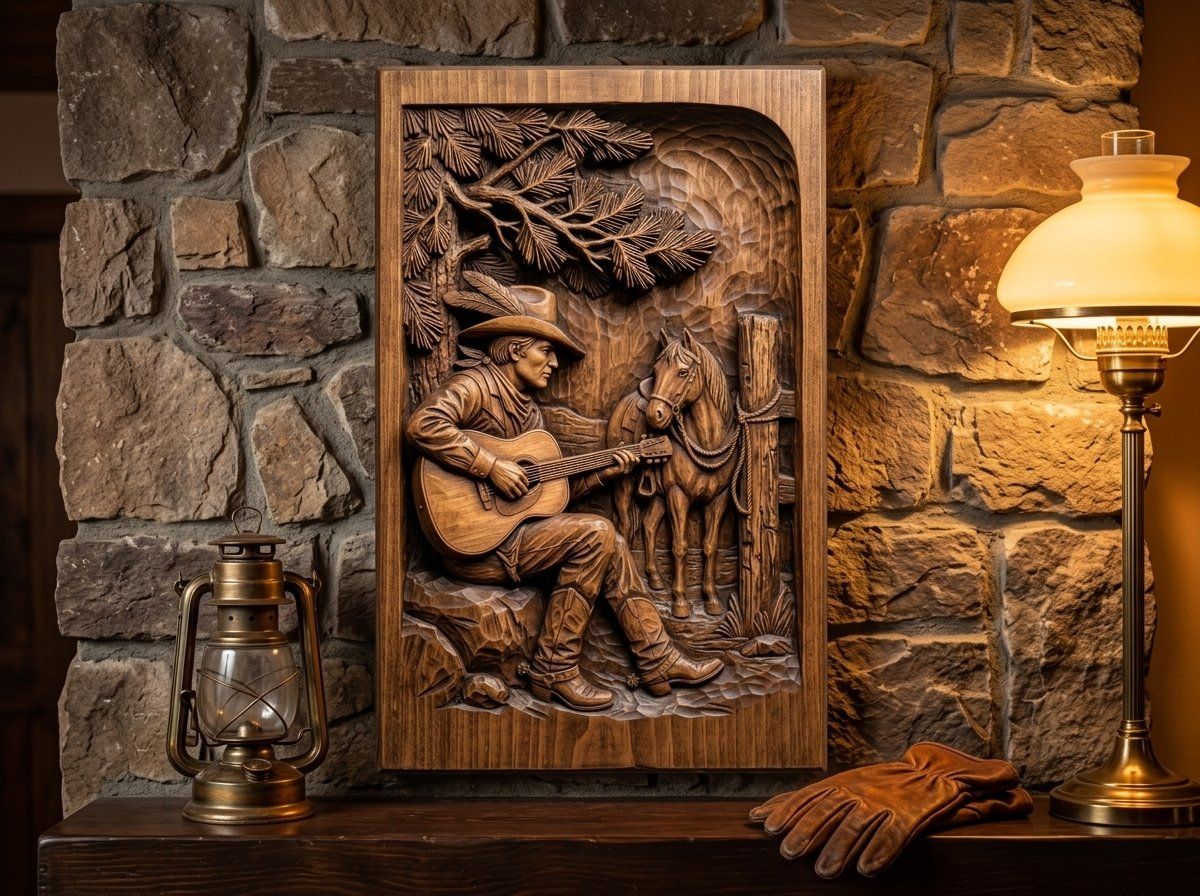 Cowboy Playing Guitar Under Pine Tree CNC Relief STL bas-relief STL — view 13