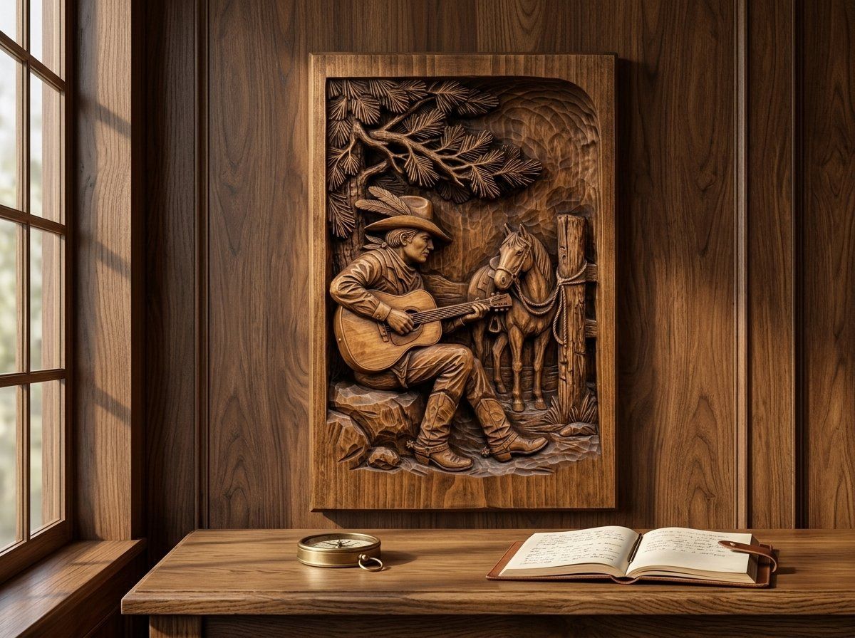 Cowboy Playing Guitar Under Pine Tree CNC Relief STL bas-relief STL — view 14