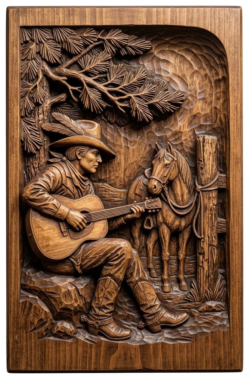 Cowboy Playing Guitar Under Pine Tree CNC Relief STL bas-relief STL — view 4
