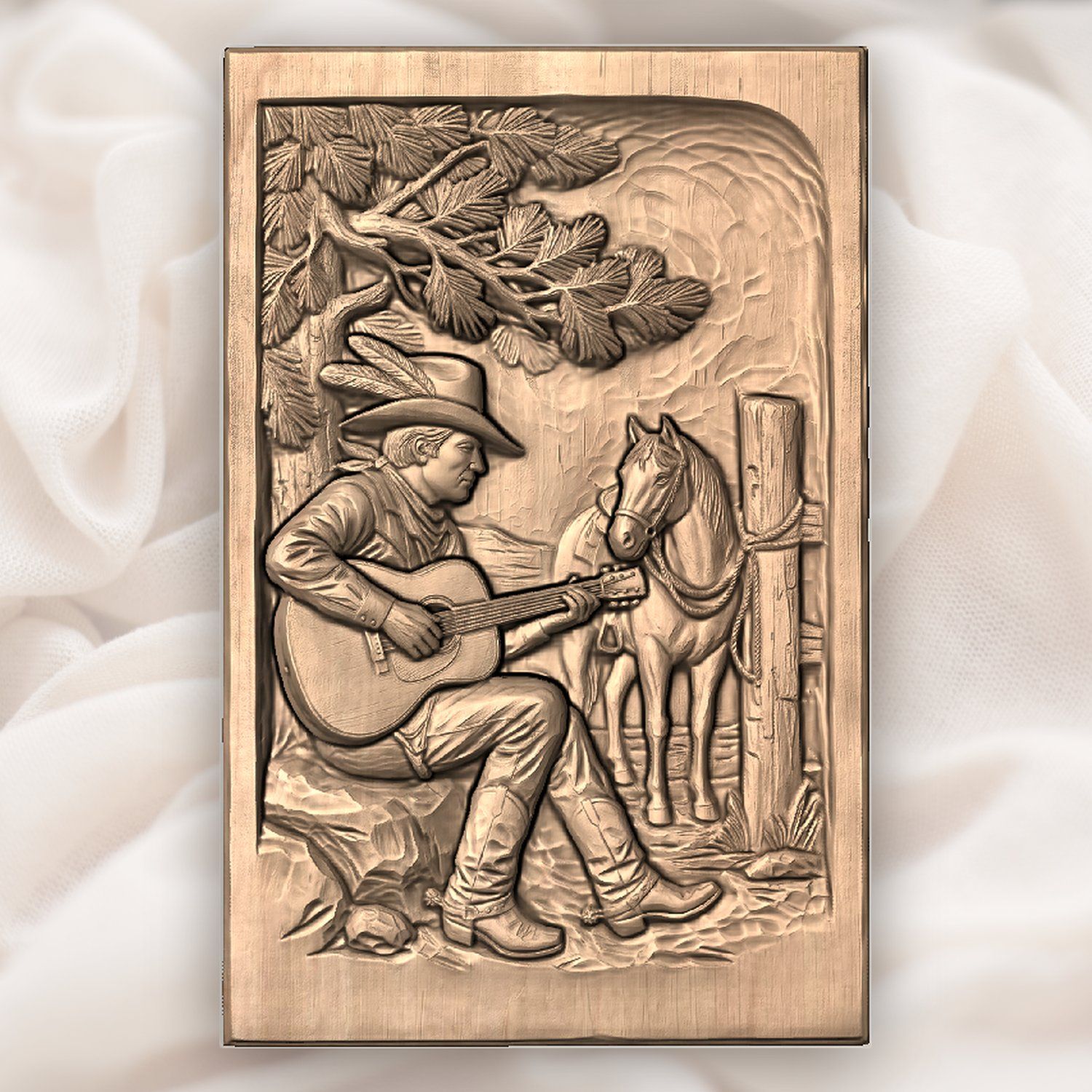 Cowboy Playing Guitar Under Pine Tree CNC Relief STL bas-relief STL — view 5