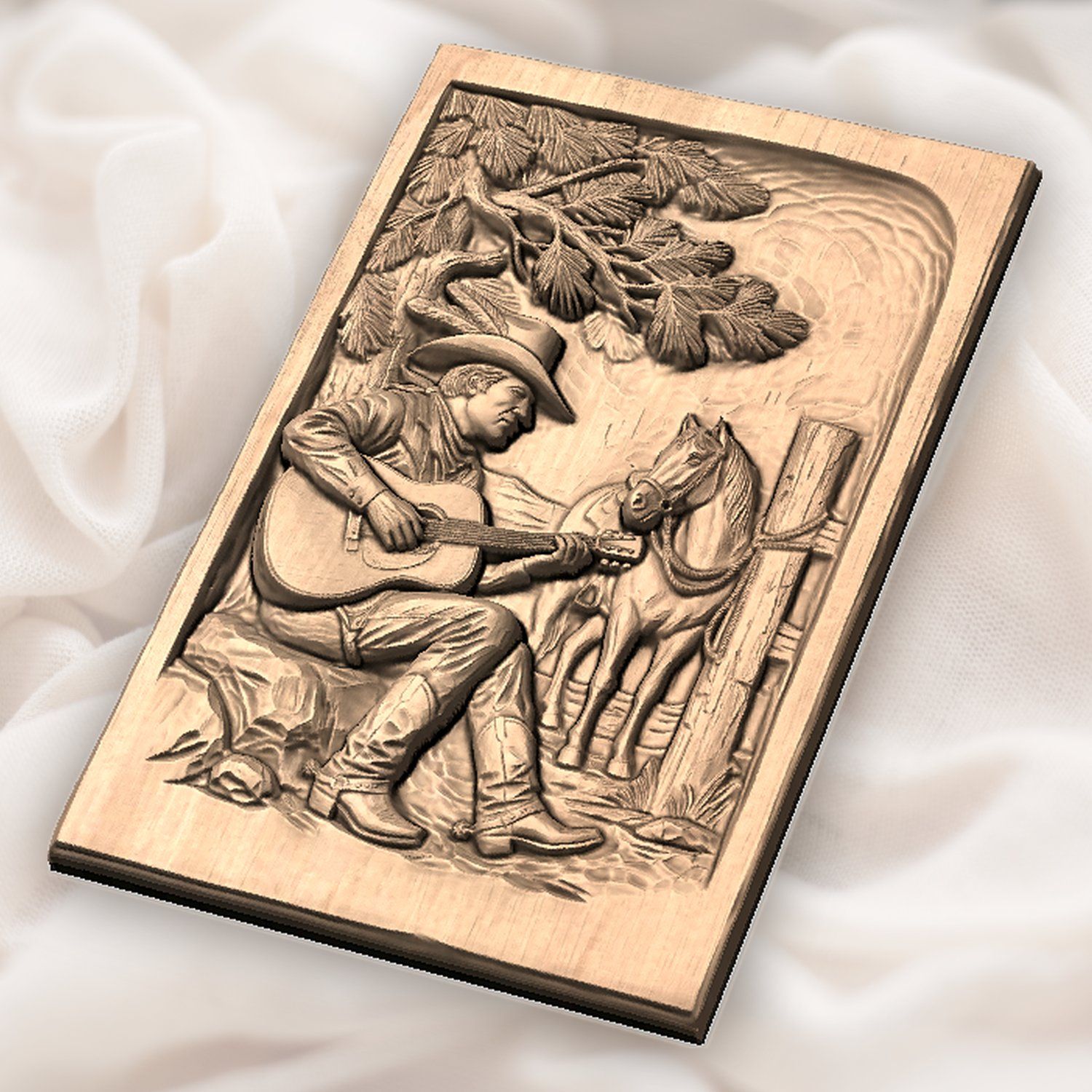 Cowboy Playing Guitar Under Pine Tree CNC Relief STL bas-relief STL — view 6