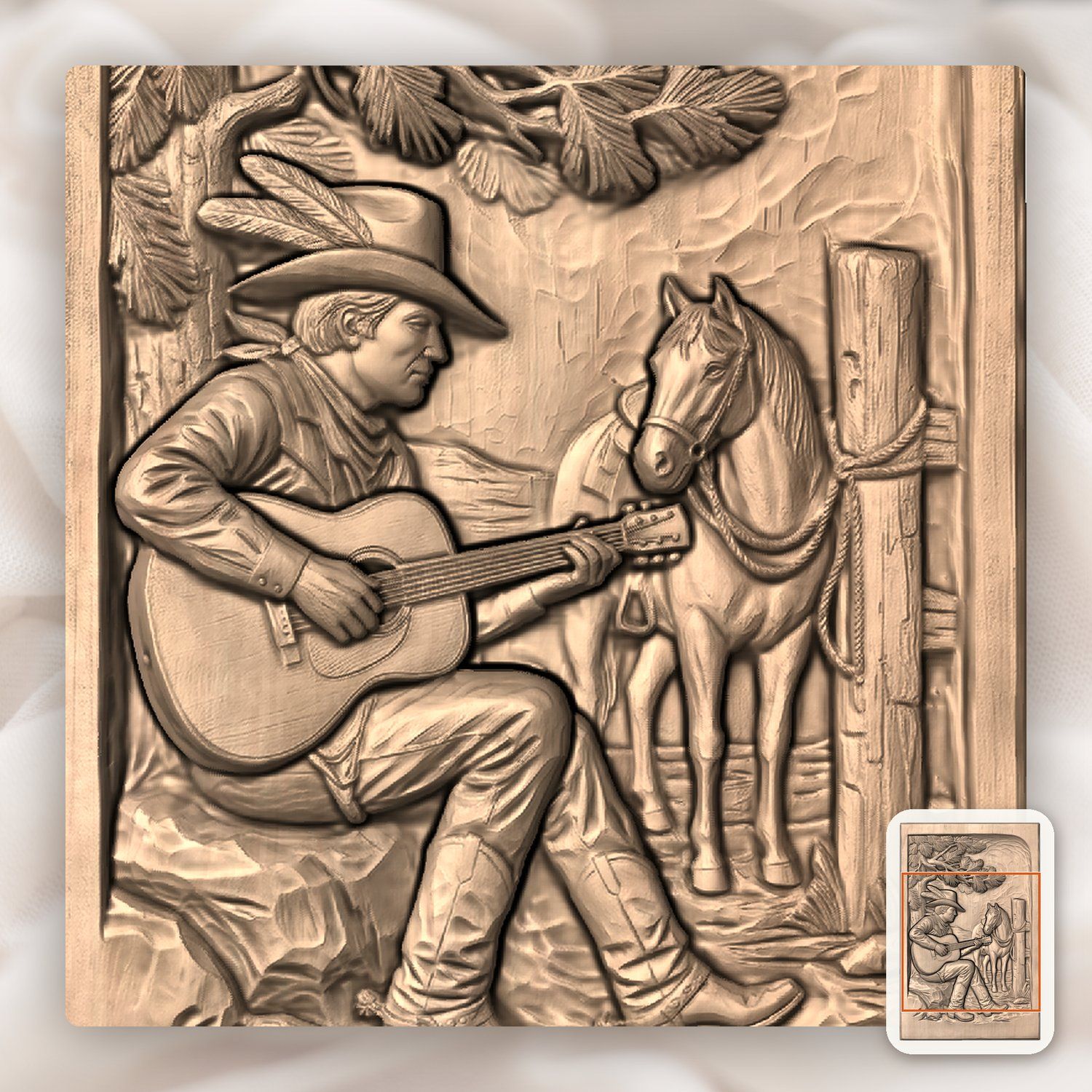 Cowboy Playing Guitar Under Pine Tree CNC Relief STL bas-relief STL — view 7