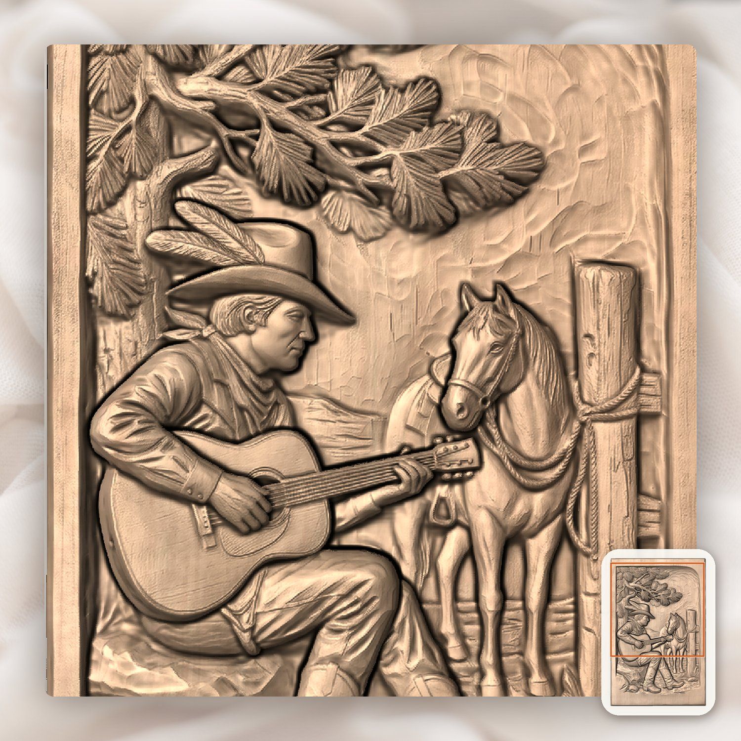 Cowboy Playing Guitar Under Pine Tree CNC Relief STL bas-relief STL — view 8
