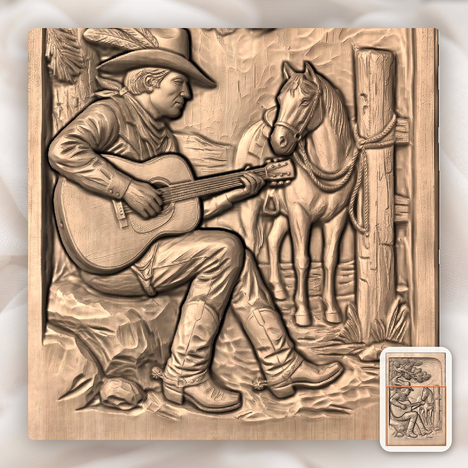 Cowboy Playing Guitar Under Pine Tree CNC Relief STL bas-relief STL — view 9