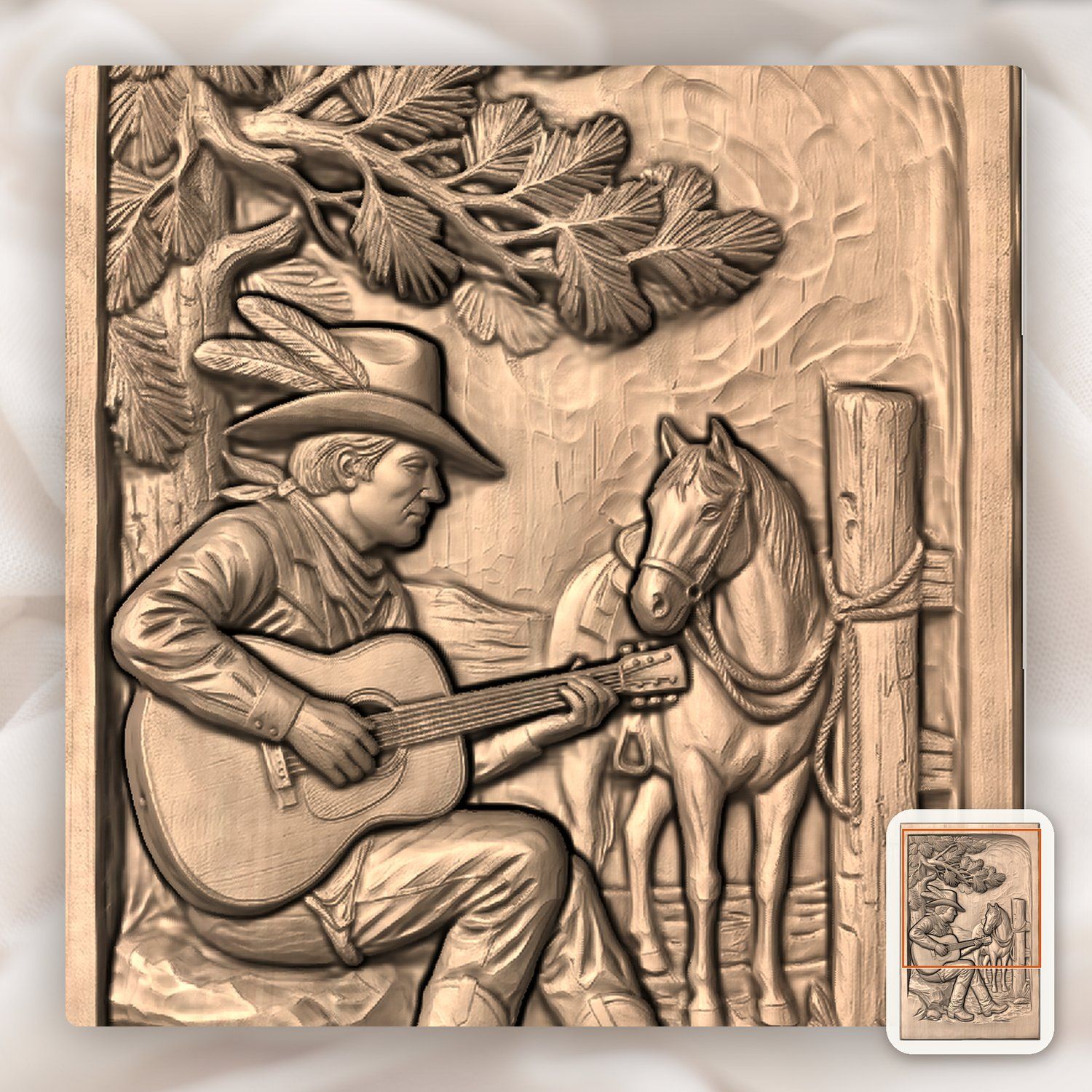 Cowboy Playing Guitar Under Pine Tree CNC Relief STL bas-relief STL — view 10