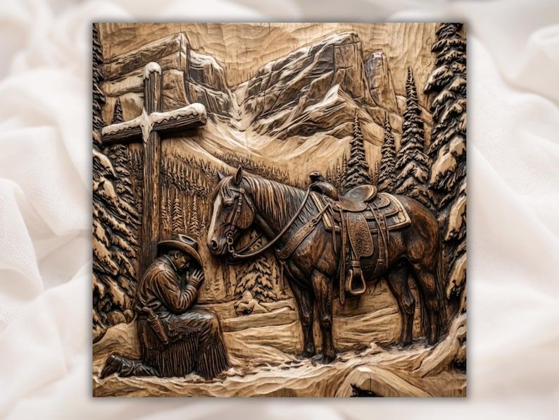 Bas-relief wood carving of a kneeling praying cowboy and saddled horse beside a cross with mountains and pines