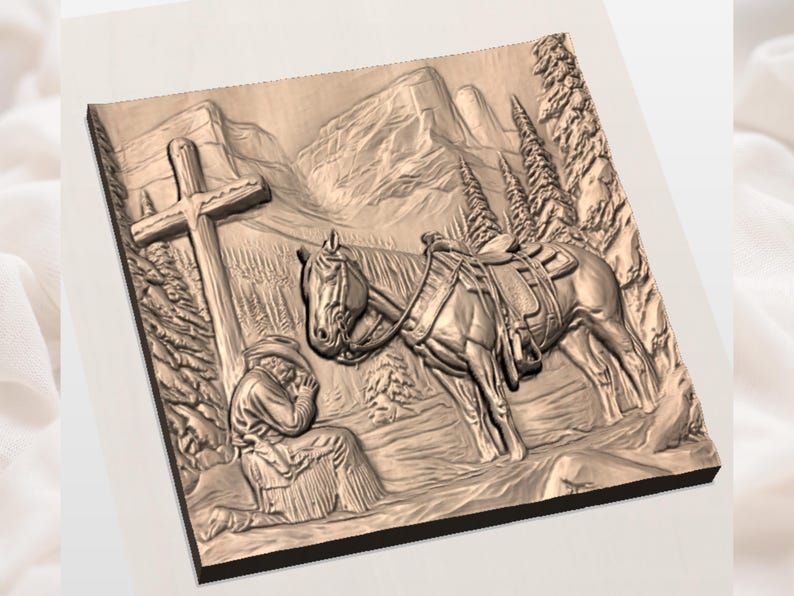 Praying Cowboy at the Cross STL Relief with Saddled Horse bas-relief STL — view 2