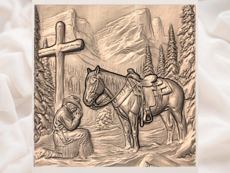 Praying Cowboy at the Cross STL Relief with Saddled Horse bas-relief STL — view 3